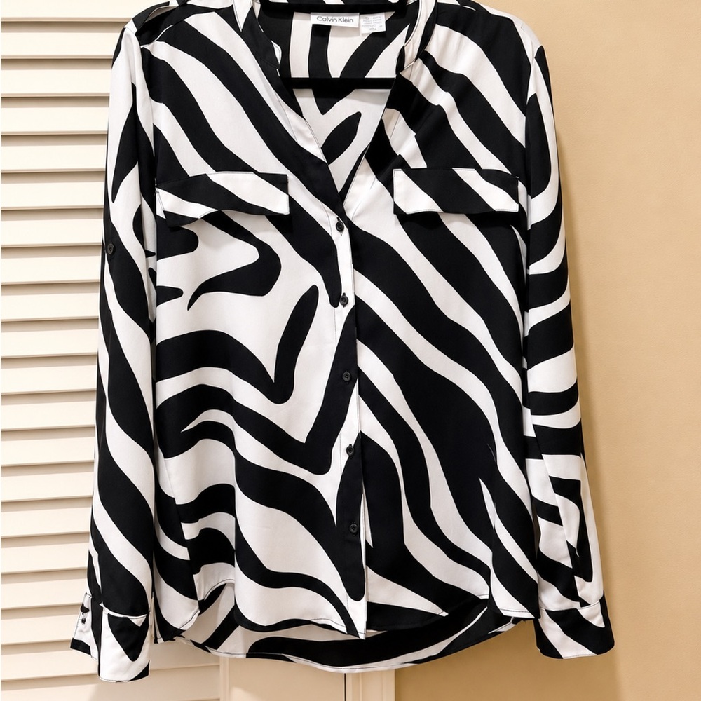 Calvin Klein Black and White Zebra-Print Button-Down Shirt